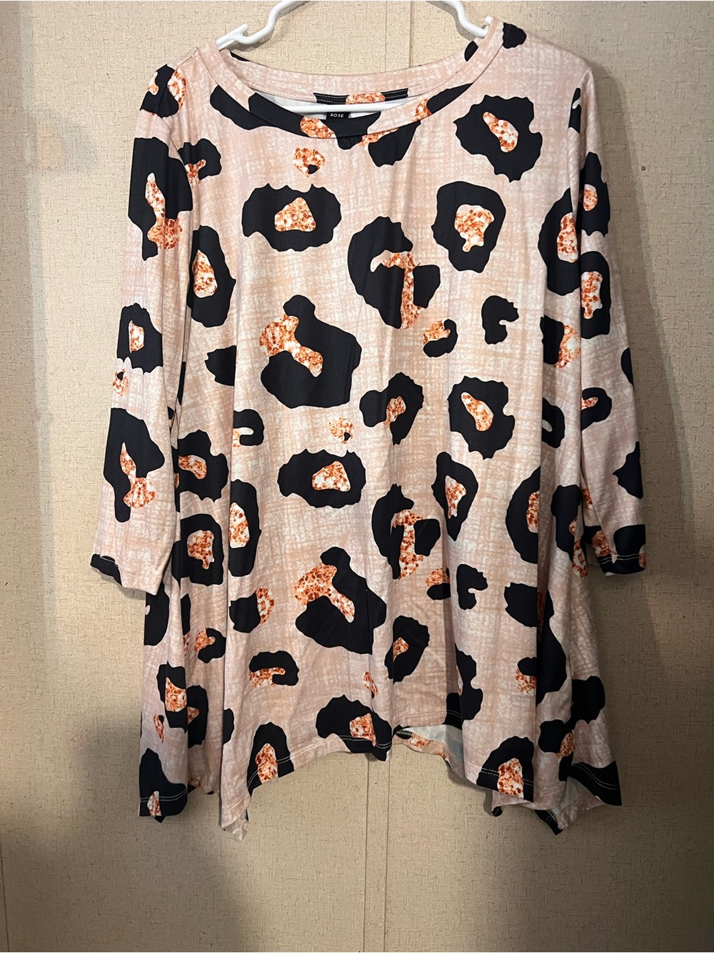 Beige Leopard-Print Swing Blouse with Black and Rust Accents